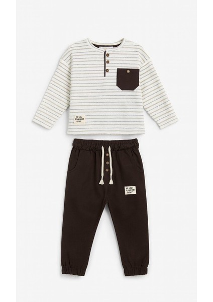 Erkek Çocuk Pamuklu Ekru Çizgili Cepli Sweat & Kahverengi Eşofman Altı Takım - Düğmeli Detaylı