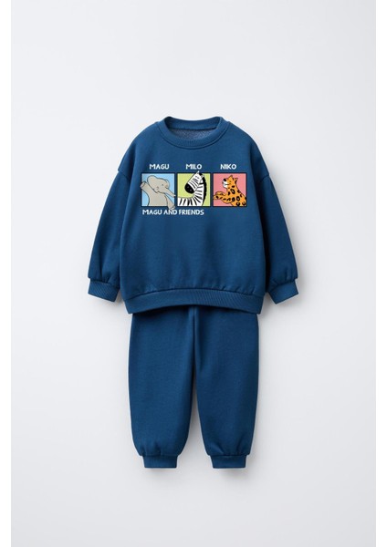 Erkek Çocuk Pamuklu Lacivert Magu And Friends Baskılı Sweatshirt Eşofman Takımı