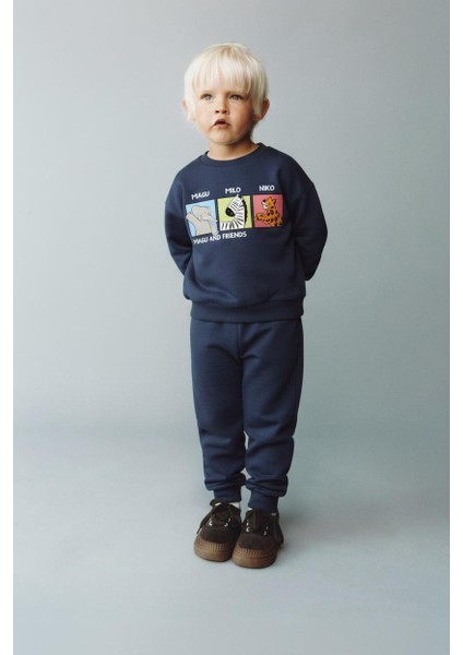 Erkek Çocuk Pamuklu Lacivert Magu And Friends Baskılı Sweatshirt Eşofman Takımı modelleri