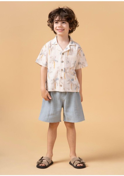 Erkek Çocuk Palmiye Desenli Gömlekli Takım Şortlu Yazlık Ikili Set