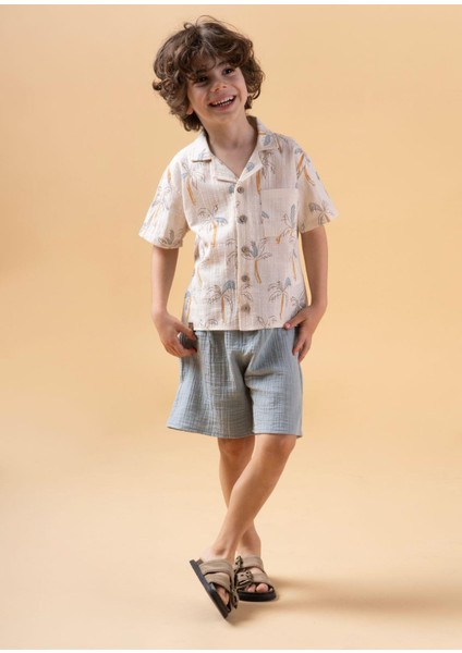 Erkek Çocuk Palmiye Desenli Gömlekli Takım Şortlu Yazlık Ikili Set modelleri