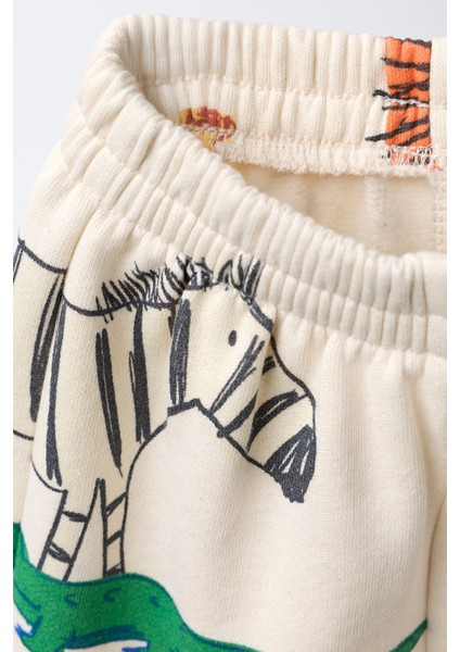 Unisex Çocuk Pamuklu Krem Safari Hayvan Desenli Sweatshirt ve Jogger Eşofman Takım indirimleri