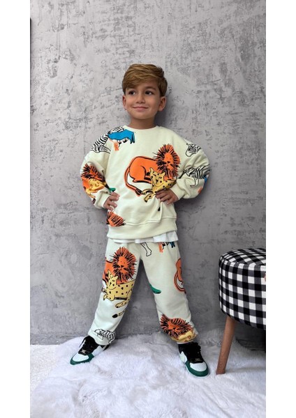 Unisex Çocuk Pamuklu Krem Safari Hayvan Desenli Sweatshirt ve Jogger Eşofman Takım