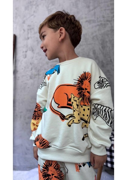 Unisex Çocuk Pamuklu Krem Safari Hayvan Desenli Sweatshirt ve Jogger Eşofman Takım