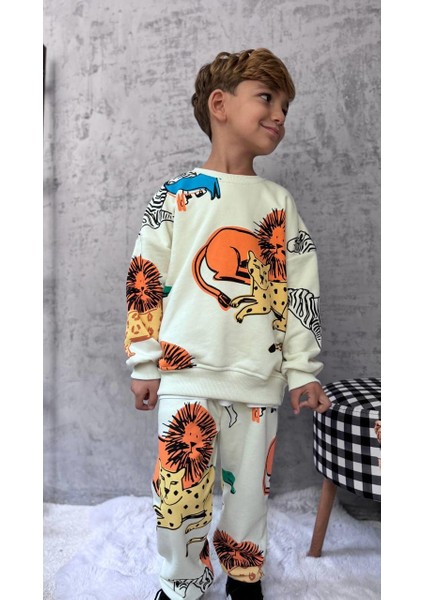 Unisex Çocuk Pamuklu Krem Safari Hayvan Desenli Sweatshirt ve Jogger Eşofman Takım