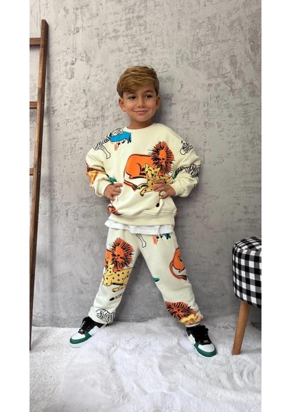 Unisex Çocuk Pamuklu Krem Safari Hayvan Desenli Sweatshirt ve Jogger Eşofman Takım