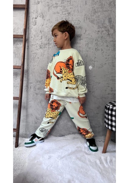 Unisex Çocuk Pamuklu Krem Safari Hayvan Desenli Sweatshirt ve Jogger Eşofman Takım