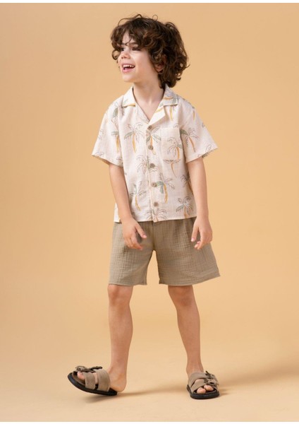 Erkek Çocuk Palmiye Desenli Gömlekli Takım Şortlu Yazlık Ikili Set