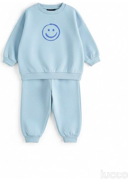 Unisex Çocuk Pamuklu Mavi Smiley Baskılı Eşofman Takımı - Rahat Kalıp