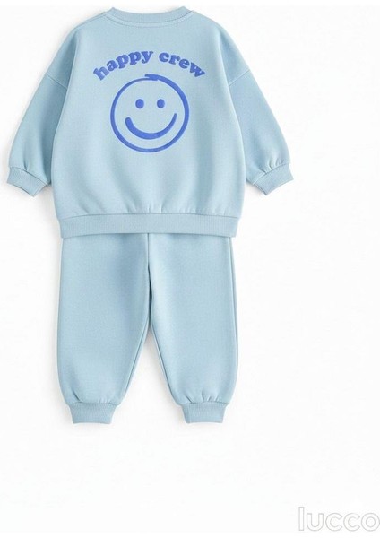 Unisex Çocuk Pamuklu Mavi Smiley Baskılı Eşofman Takımı - Rahat Kalıp fiyatları