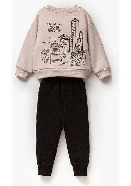 Erkek Çocuk Pamuklul Araba Desenli 3 Iplik Şardonlu Sweatshirt ve Siyah Kargo Eşofman Takım