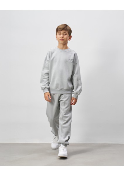 Erkek Çocuk Pamuklu Gri Basic Yazı Baskılı Sweatshirt Eşofman Alt-Üst Takım