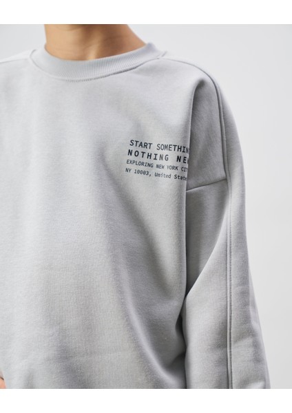 Erkek Çocuk Pamuklu Gri Basic Yazı Baskılı Sweatshirt Eşofman Alt-Üst Takım