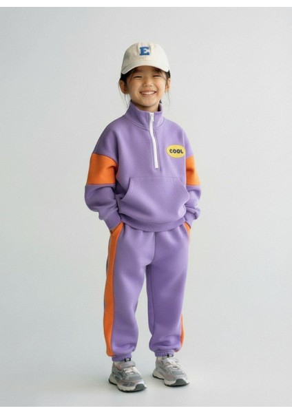 Unisex Çocuk Pamuklu Lila Turuncu Cool Yazılı Zip Eşofman Takımı