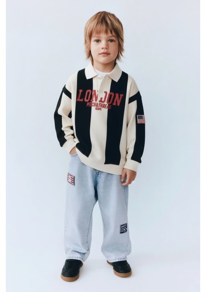 Erkek Çocuk Pamuklu Polo Yaka London Baskılı Sweatshirt ve Nakış Detaylı Geniş Paça Jean Takım