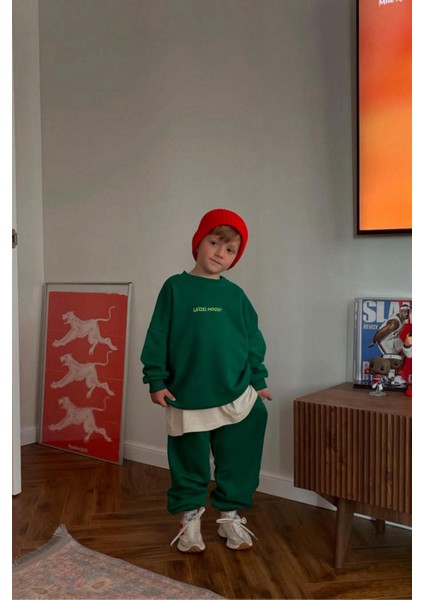 Unisex Çocuk Pamuklu Yeşil Mood Eşofman Takımı - Oversize Rahat Kalıp
