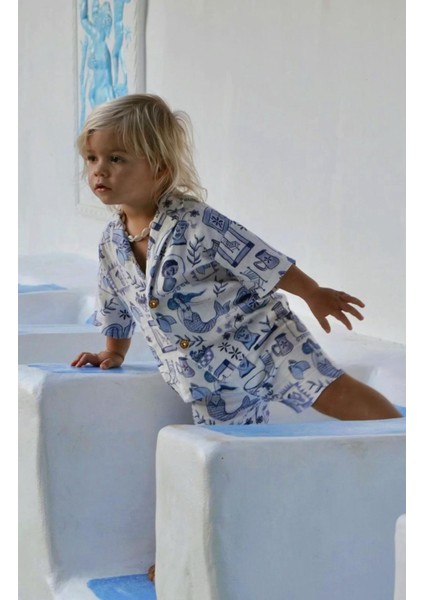 Erkek Çocuk Pamuklu Beyaz Mavi Desenli Gömlek Şort Takım - Kısa Kollu