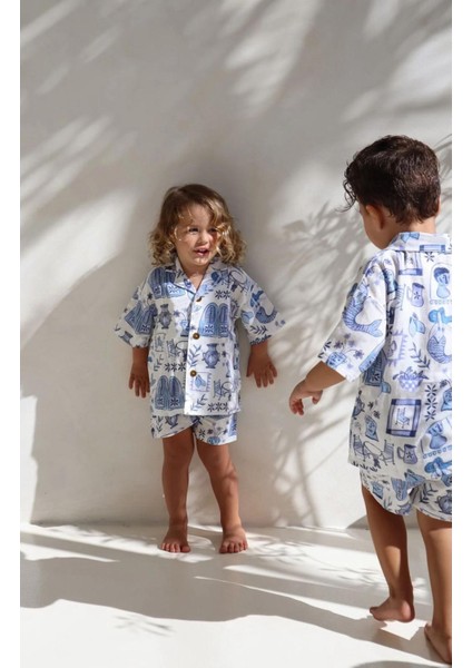Erkek Çocuk Pamuklu Beyaz Mavi Desenli Gömlek Şort Takım - Kısa Kollu fiyatları
