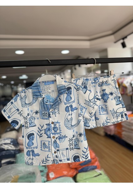 Erkek Çocuk Pamuklu Beyaz Mavi Desenli Gömlek Şort Takım - Kısa Kollu modelleri