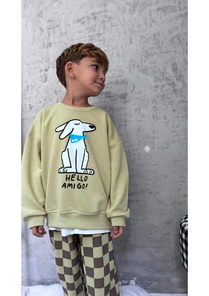 Erkek Çocuk Pamuklu Haki Köpek Baskılı Sweatshirt ve Kare Desenli Eşofman Takımı fırsatları