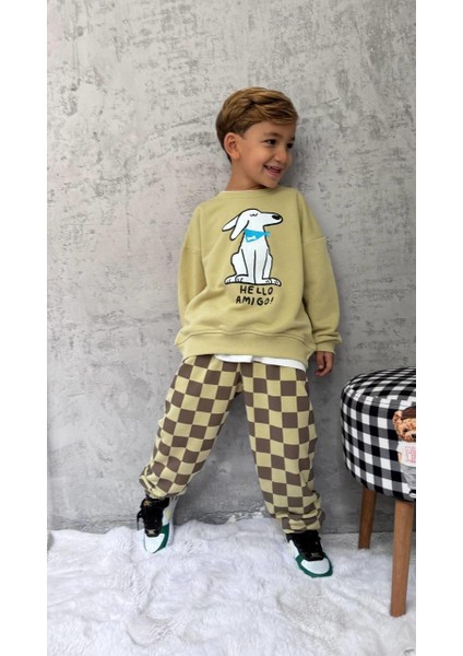 Erkek Çocuk Pamuklu Haki Köpek Baskılı Sweatshirt ve Kare Desenli Eşofman Takımı