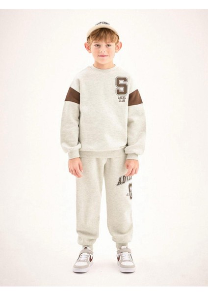 Erkek Çocuk Pamuklu Gri Melanj Adventure Baskılı Eşofman Alt-Üst Takım