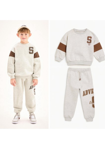 Erkek Çocuk Pamuklu Gri Melanj Adventure Baskılı Eşofman Alt-Üst Takım fırsatları