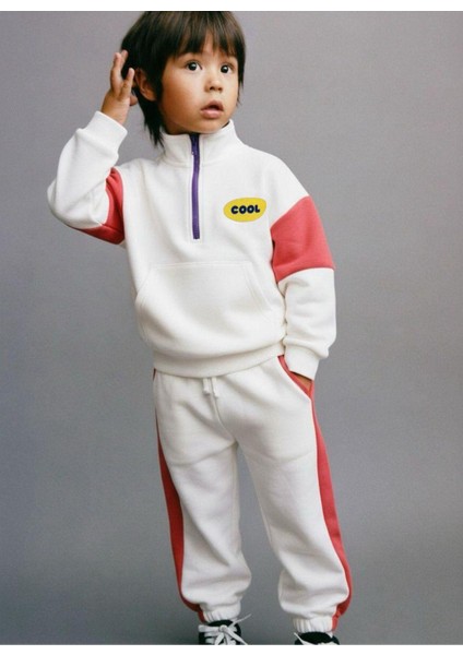 Unisex Çocuk Pamuklu Beyaz Pembe Cool Yazılı Zip Eşofman Takımı