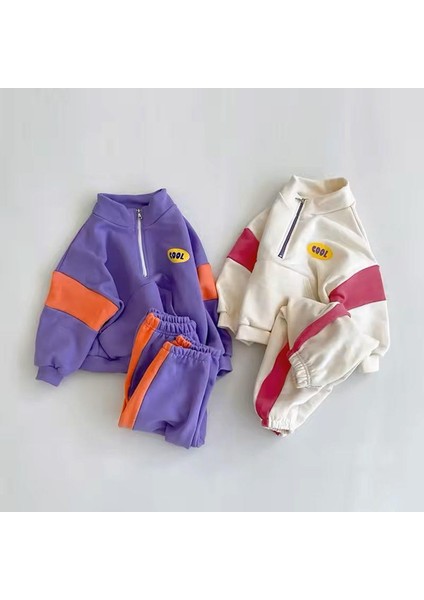 Unisex Çocuk Pamuklu Beyaz Pembe Cool Yazılı Zip Eşofman Takımı modelleri