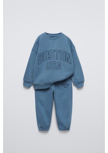 Erkek Çocuk Pamuklu Mavi Boston Usa Baskılı Sweatshirt Eşofman Takım