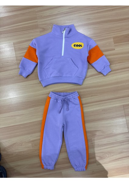 Unisex Çocuk Pamuklu Lila Turuncu Cool Yazılı Zip Eşofman Takımı fırsatları