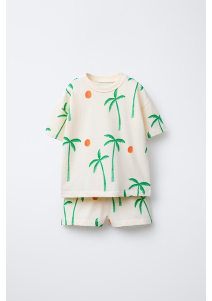 Unisex Çocuk Pamuklu Ekru Palmiye Desenli T-Shirt ve Şort Takım