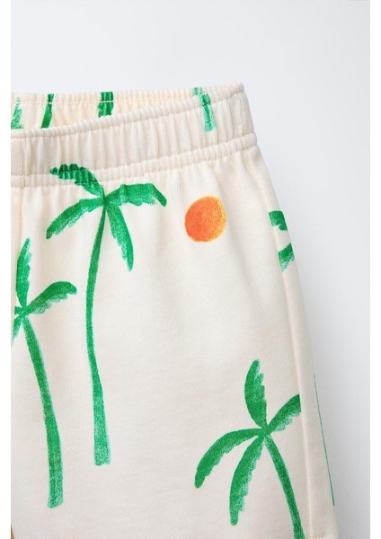Unisex Çocuk Pamuklu Ekru Palmiye Desenli T-Shirt ve Şort Takım modelleri