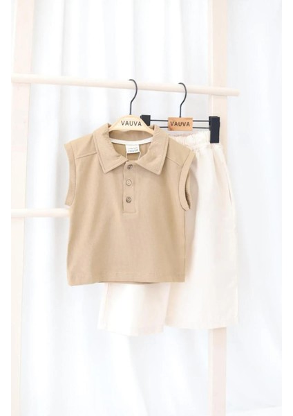 Erkek Çocuk Pamuklu Bej Polo Yaka Kolsuz T-Shirt ve Ekru Şort Takım