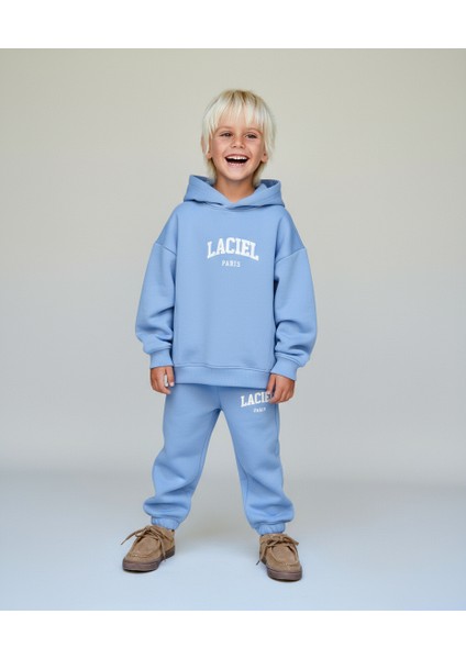 Unisex Çocuk Pamuklu Mavi Laciel Baskılı Kapüşonlu Sweatshirt ve Eşofman Alt Takım