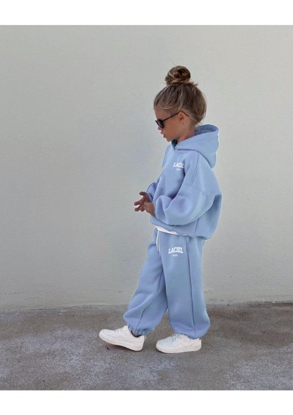 Unisex Çocuk Pamuklu Mavi Laciel Baskılı Kapüşonlu Sweatshirt ve Eşofman Alt Takım indirimleri