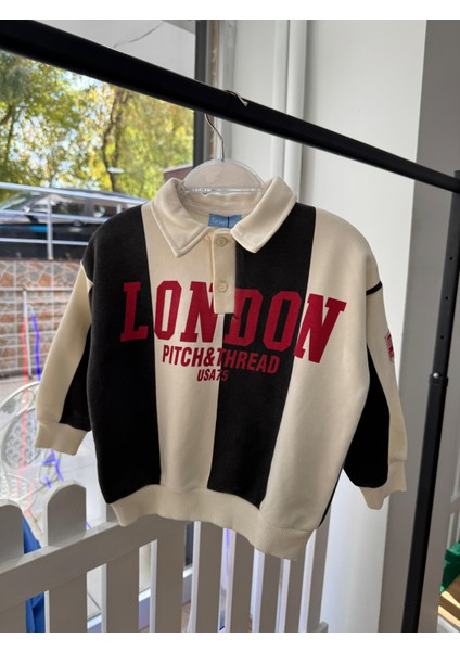 Erkek Çocuk Pamuklu Polo Yaka London Baskılı Sweatshirt ve Nakış Detaylı Geniş Paça Jean Takım
