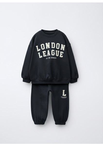 Erkek Çocuk Pamuklu Lacivert London League Yazılı Eşofman Takımı - Kolej Tarzı Spor Model