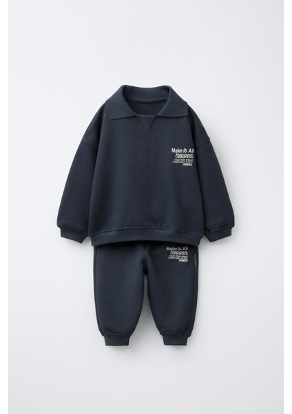 Erkek Çocuk Pamuklu Lacivert Polo Yaka “make It Happen” Eşofman Takımı - Rahat Kesim, Yazı Baskılı