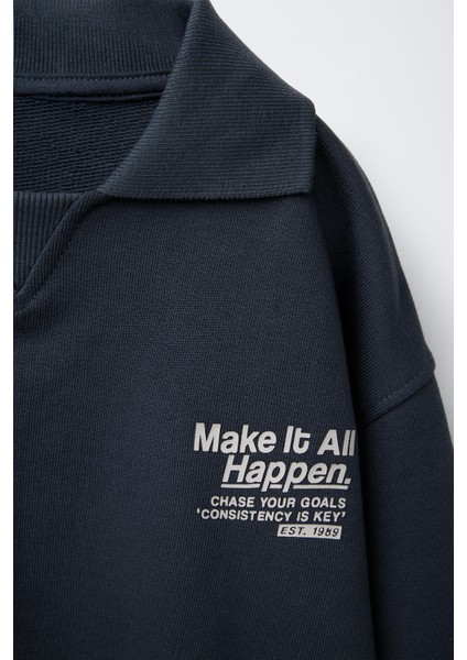 Erkek Çocuk Pamuklu Lacivert Polo Yaka “make It Happen” Eşofman Takımı - Rahat Kesim, Yazı Baskılı