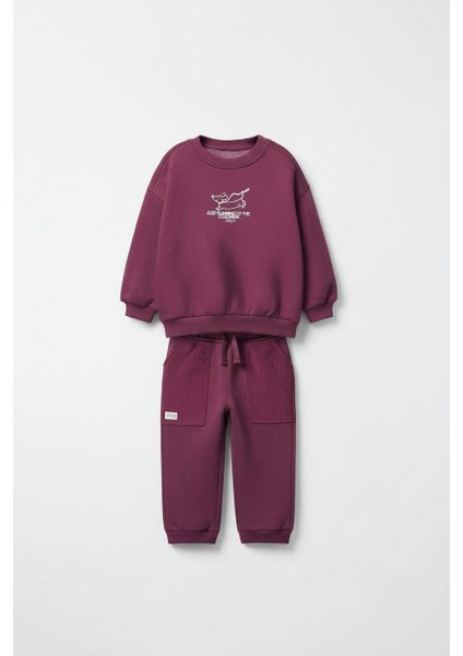 Unisex Çocuk Pamuklu Mürdüm Köpek Baskılı Eşofman Takımı - Rahat Kesim, Cepli Alt