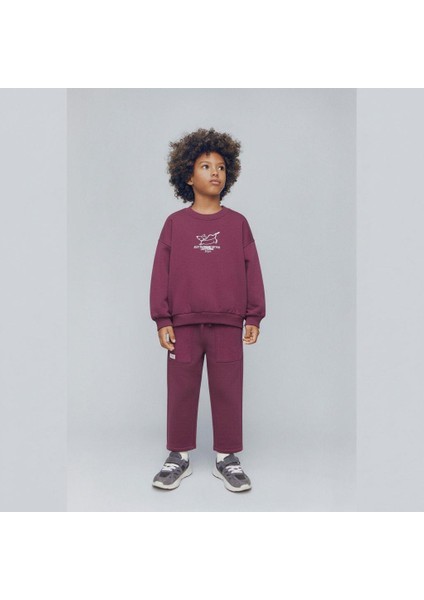 Unisex Çocuk Pamuklu Mürdüm Köpek Baskılı Eşofman Takımı - Rahat Kesim, Cepli Alt fiyatları