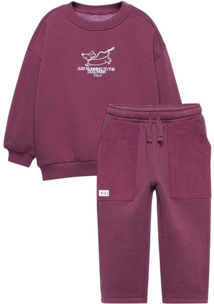 Unisex Çocuk Pamuklu Mürdüm Köpek Baskılı Eşofman Takımı - Rahat Kesim, Cepli Alt modelleri