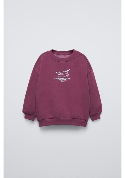 Unisex Çocuk Pamuklu Mürdüm Köpek Baskılı Eşofman Takımı - Rahat Kesim, Cepli Alt fırsatları