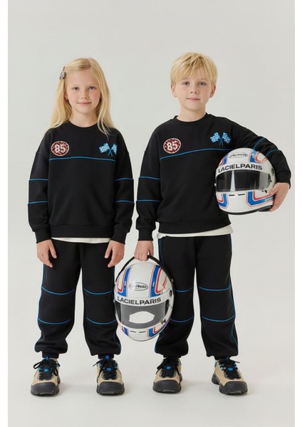 Unisex Çocuk Pamuklu Siyah Mavi Şeritli Yarış Temalı Eşofman Takımı - Rahat Kalıp