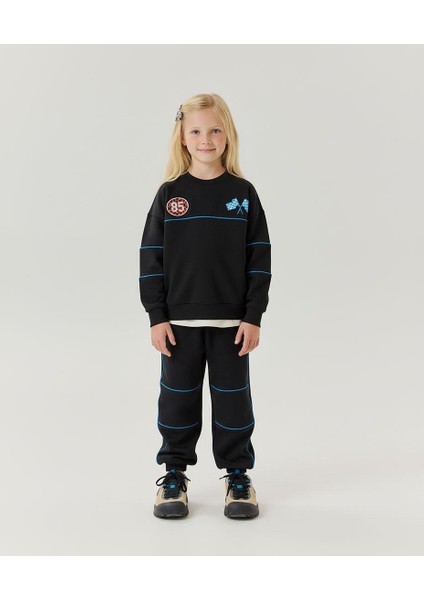 Unisex Çocuk Pamuklu Siyah Mavi Şeritli Yarış Temalı Eşofman Takımı - Rahat Kalıp modelleri