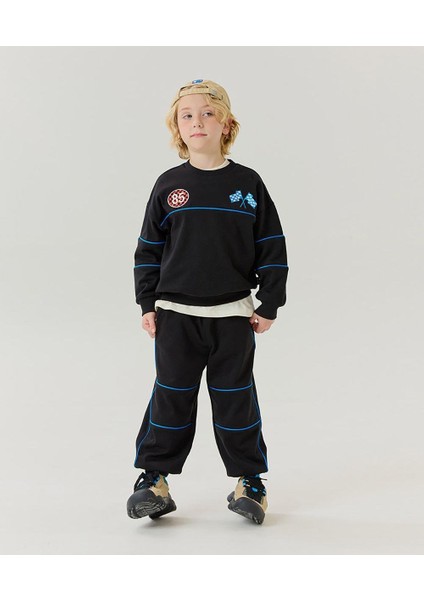 Unisex Çocuk Pamuklu Siyah Mavi Şeritli Yarış Temalı Eşofman Takımı - Rahat Kalıp