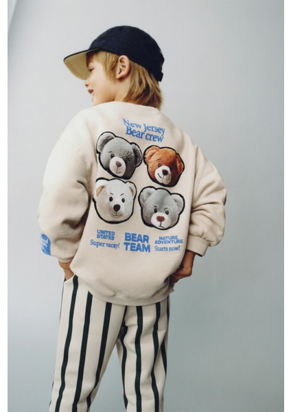 Erkek Çocuk Pamuklu Bej Bear Team Sweatshirt ve Çizgili Eşofman Altı Takım
