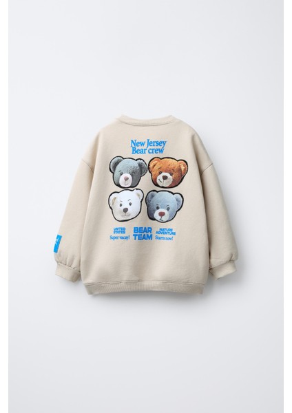 Erkek Çocuk Pamuklu Bej Bear Team Sweatshirt ve Çizgili Eşofman Altı Takım modelleri
