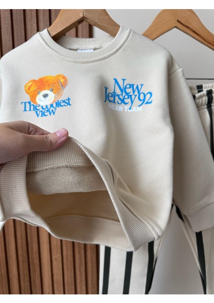 Erkek Çocuk Pamuklu Bej Bear Team Sweatshirt ve Çizgili Eşofman Altı Takım indirimleri
